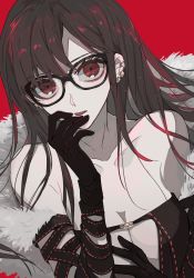 Rule 34 | 1girl, bare shoulders, black-framed eyewear, black dress, black gloves, breasts, brown hair, cleavage, dress, earrings, ebanoniwa, fate/grand order, fate (series), glasses, gloves, hand up, highres, jewelry, large breasts, lipstick, long hair, looking at viewer, makeup, parted lips, red background, red eyes, red lips, simple background, solo, upper body, yu mei-ren (fate)