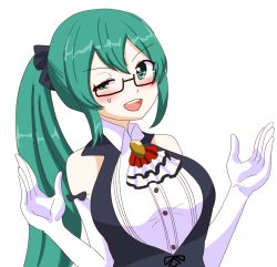 Rule 34 | .live, 1girl, bare shoulders, black-framed eyewear, black bow, black vest, bow, buttons, collared shirt, commentary request, cropped torso, dress shirt, elbow gloves, glasses, gloves, green eyes, green hair, hair between eyes, hair bow, hands up, highres, kagura suzu (.live), light blush, long hair, looking at viewer, open hands, open mouth, ribbon-trimmed gloves, ribbon trim, semi-rimless eyewear, shirt, side ponytail, sleeveless, sleeveless shirt, solo, teeth, transparent background, under-rim eyewear, upper body, upper teeth only, vest, virtual youtuber, white gloves, white neckwear, white shirt, zi-gaden