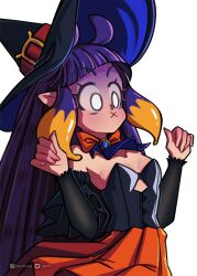 Rule 34 | 1girl, :x, ascot, black hair, blue ascot, blunt bangs, bow, bowtie, breasts, corset, detached sleeves, halloween costume, hands up, hat, hat belt, highres, hololive, hololive english, loen, long hair, long sleeves, ninomae ina&#039;nis, orange bow, orange bowtie, orange skirt, pointy ears, purple hair, simple background, skirt, small breasts, solo, surprised, tentacle hair, traditional bowtie, very long hair, virtual youtuber, white background, white eyes, wide-eyed, witch, witch hat