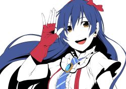 Rule 34 | 1girl, blue hair, bokura wa ima no naka de, commentary request, earrings, fingerless gloves, frills, gloves, hair between eyes, jewelry, long hair, looking at viewer, love live!, love live! school idol project, necktie, open mouth, red gloves, shirt, simple background, smile, solo, sonoda umi, striped necktie, striped neckwear, upper body, vice (kuronekohadokoheiku), white background, white shirt, yellow eyes