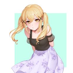 Rule 34 | 1girl, :&lt;, aqua background, arms behind back, bang dream!, blonde hair, blush, breasts, closed mouth, collarbone, cowboy shot, detached sleeves, floral print, hair ornament, ichigaya arisa, leaning forward, long hair, long skirt, looking at viewer, medium breasts, oshiri (12764076), purple skirt, see-through, sidelocks, skirt, sleeveless, solo, standing, twintails, two-tone background, v-shaped eyebrows, x hair ornament, yellow eyes