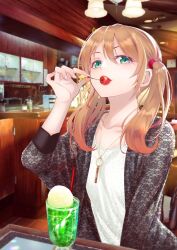 Rule 34 | 1girl, breasts, cherry, coat, collarbone, cover, cover page, eating, floral print, food, fruit, green eyes, hair tie, ice cream, ice cream float, indoors, jewelry, looking at viewer, medium hair, megami no kafeterasu, necklace, official art, orange hair, overcoat, seo kouji, shirt, small breasts, smile, solo, tsukishima riho, twintails, upper body, white shirt