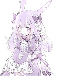 Rule 34 | 1girl, animal ears, arknights, ascot, black bow, blush, bow, braid, closed mouth, collared dress, commentary request, dress, hair ornament, hairclip, highres, juliet sleeves, long hair, long sleeves, meng xue necky, puffy sleeves, purple dress, purple eyes, purple hair, rabbit ears, rope (arknights), simple background, sleeves past wrists, solo, very long hair, wavy hair, white ascot, white background