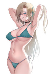 1girl absurdres armpits arms_behind_head arms_up art_study asuna_(blue_archive) bikini black_choker blonde_hair blue_archive blue_bikini blue_eyes breasts choker cleavage cowboy_shot grin hair_lift hair_ribbon highres large_breasts looking_ahead loveqilaikui navel no_halo no_mole revision ribbon side-tie_bikini_bottom simple_background smile solo stomach swimsuit white_background