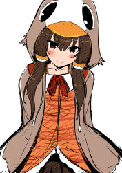 Rule 34 | 1girl, arms behind back, bird hood, blush, brown eyes, brown hair, brown jacket, brown skirt, closed mouth, collarbone, commentary request, copyright request, highres, hood, hood up, hooded jacket, jacket, long hair, looking at viewer, lovelovemaid, open clothes, open jacket, orange shirt, pleated skirt, shirt, simple background, sketch, skirt, smile, solo, white background