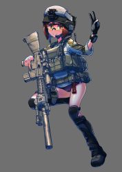 Rule 34 | 1girl, assault rifle, black footwear, black gloves, boots, brown eyes, brown hair, buruma, camouflage, commentary request, erica (naze1940), full body, gloves, goggles, gun, hand up, helmet, highres, jacket, knee pads, looking at viewer, microphone, military, military uniform, original, pouch, purple buruma, rifle, short hair, single glove, smile, solo, standing, standing on one leg, tactical clothes, uniform, v, watch, weapon, wristwatch