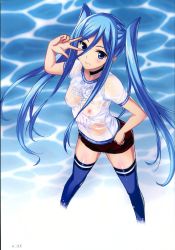 Rule 34 | 10s, 1girl, aoki hagane no arpeggio, blue eyes, blue hair, blue thighhighs, breasts, covered erect nipples, highres, long hair, looking at viewer, matching hair/eyes, medium breasts, mole, mole under mouth, mutsumi masato, nipples, red shorts, see-through, shorts, solo, takao (aoki hagane no arpeggio), thighhighs, twintails