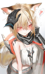 Rule 34 | 1girl, absurdres, animal ear fluff, animal ears, arknights, bare arms, bare shoulders, black gloves, blonde hair, blush, commentary request, fang, fang out, fox ears, gloves, gradient background, grey background, hair between eyes, hand up, highres, jewelry, material growth, midriff, navel, oripathy lesion (arknights), pendant, pottsness, red eyes, shirt, short hair, skin fang, solo focus, strapless, strapless shirt, upper body, vermeil (arknights), white background, white shirt