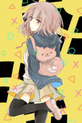 Rule 34 | 1girl, animal bag, bag, black eyes, brown footwear, cat bag, circle, closed mouth, commentary request, danganronpa (series), danganronpa 2: goodbye despair, flipped hair, from behind, holding, holding bag, hood, hoodie, kidosora, light brown hair, looking to the side, nanami chiaki, pink eyes, playsation controller, playstation controller, school uniform, skirt, solo, square, thighhighs, triangle