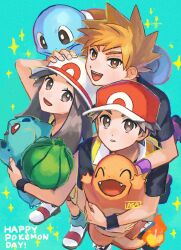 Rule 34 | 1girl, 2boys, :d, anniversary, black shirt, blue oak, brown eyes, brown hair, bulbasaur, charmander, commentary, creatures (company), eyelashes, flame-tipped tail, game freak, gen 1 pokemon, green background, grey asa, hand on headwear, hat, highres, holding, holding pokemon, jacket, leaf (pokemon), long hair, looking up, multiple boys, nintendo, open mouth, pokemon, pokemon (creature), pokemon frlg, purple wristband, red (pokemon), red headwear, shirt, short hair, short sleeves, signature, smile, sparkle, spiked hair, squirtle, starter pokemon trio, strap, teeth, white headwear, wristband