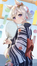 Rule 34 | 1girl, alternate costume, animal ears, blush, bow, commentary, curren chan (umamusume), ear bow, floral print, grey hair, hand fan, highres, holding, holding fan, horse ears, horse girl, japanese clothes, karajio, kimono, looking at viewer, obi, paper fan, purple eyes, red robe, robe, sash, short hair, smile, solo, uchiwa, umamusume, upper body, wind chime