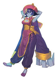 Rule 34 | 1girl, absurdres, armpits, arms behind head, arms up, blue eyes, blue hair, blue skin, blush stickers, breasts, chinese clothes, claws, cleavage, closed mouth, clothing cutout, colored skin, commentary request, flipped hair, full body, hat, highres, jiangshi, lei lei, looking at viewer, medium breasts, ofuda, pants, purple pants, qingdai guanmao, shiny clothes, short hair, simple background, smile, tanakalma, turtleneck, vampire (game), white background