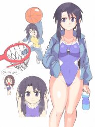 Rule 34 | azumanga daiou, ball, basketball, basketball (object), basketball hoop, bent over, black eyes, black hair, breasts, chibi, chibi inset, competition swimsuit, covered navel, english text, hand in pocket, highres, holding water, inkerton-kun, jacket, kasuga ayumu, kurosawa minamo, leaning forward, looking at viewer, medium breasts, one-piece swimsuit, open clothes, open jacket, school swimsuit, short hair, sidelocks, standing, swimsuit, swimsuit under clothes, whistle, whistle around neck