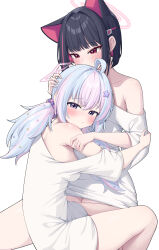 Rule 34 | 2girls, absurdres, ahoge, animal ears, black hair, blue archive, blush, breasts, cat ears, closed mouth, colored inner hair, extra ears, hair ornament, halo, highres, kazusa (blue archive), long hair, looking at viewer, metaljelly, multicolored hair, multiple girls, pink hair, pink halo, purple eyes, red eyes, reisa (blue archive), shirt, short hair, simple background, sleeves past elbows, small breasts, star (symbol), star hair ornament, twintails, white background, white shirt, yuri
