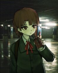 Rule 34 | 1girl, arm at side, asymmetrical bangs, asymmetrical hair, backlighting, blush, brown eyes, brown hair, buttons, can, ceiling light, dr pepper, drink can, eyelashes, film grain, fingernails, fire extinguisher, hair ornament, hand up, head tilt, holding, holding can, iwakura lain, jacket, long sleeves, looking ahead, medium hair, neck ribbon, parking garage, parted lips, photo background, pillar, red ribbon, reflective floor, ribbon, school uniform, serial experiments lain, shirt, shoulder strap, single sidelock, soda can, solo, upper body, white shirt, x hair ornament, yuroroo
