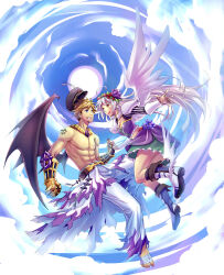 1boy 1girl abs absurdres aecclesia ahoge alternate_color armor barefoot belt black_belt black_gloves black_hat black_sleeves black_wings blonde_hair blue_eyes blue_sky boots breasts cleavage clothes_around_waist commentary commission cross cross_necklace cross_of_prontera day demon_wings english_commentary feathered_wings flame_print flower flying frilled_skirt frills full_body gauntlets genetic_(ragnarok_online) gloves green_skirt grin hair_flower hair_ornament hat highres jewelry long_hair looking_at_another medium_breasts muscular muscular_male necklace no_nipples open_mouth outdoors pants pauldrons purple_flower purple_tube_top ragnarok_online red_flower shirt shirt_around_waist short_hair shoulder_armor skirt sky smile strapless striped_sleeves sun sura_(ragnarok_online) topless_male tube_top white_boots white_hair white_pants white_shirt white_wings wings