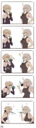 Rule 34 | 5koma, ?, absurdres, ahoge, anger vein, angry, arrow (symbol), artoria pendragon (all), artoria pendragon (fate), bad id, bad twitter id, bare shoulders, black dress, black gloves, blank eyes, blonde hair, braid, breast envy, breasts, bubble tea, bubble tea challenge, club3, comic, dress, drinking, drinking straw, elbow gloves, fate/grand order, fate (series), food fight, french braid, gloves, hair bun, halterneck, highres, jeanne d&#039;arc (fate), jeanne d&#039;arc alter (avenger) (fate), jeanne d&#039;arc alter (fate), large breasts, saber alter, short hair, sideboob, silent comic, single hair bun, small breasts, smug, white background, white hair, yellow eyes