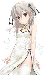 Rule 34 | 1girl, bare arms, bare shoulders, breasts, brown eyes, china dress, chinese clothes, commentary request, dress, flipper, girls und panzer, grey hair, hair between eyes, highres, long hair, one side up, shimada arisu, simple background, sleeveless, sleeveless dress, small breasts, solo, thighhighs, white background, white dress, white thighhighs