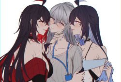 Rule 34 | 3girls, ahoge, bare shoulders, blue nails, blush, bronya zaychik, bronya zaychik (silverwing: n-ex), collarbone, colored inner hair, commentary, couple, crossed bangs, earrings, english commentary, furrowed brow, grey eyes, grey hair, grey shirt, hand on another&#039;s arm, hand on another&#039;s neck, hand on another&#039;s shoulder, honkai (series), honkai impact 3rd, id card, jewelry, long sleeves, looking at another, multicolored hair, multiple girls, official alternate costume, red eyes, red hair, red nails, removing jacket, seele (alter ego), seele vollerei, seele vollerei (herrscher of rebirth), seele vollerei (starchasm nyx), shirt, sieka (piiroinardesco), simple background, smile, teeth, upper teeth only, white shirt, yuri