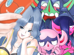 Rule 34 | 1girl, bare arms, bare shoulders, black tongue, blue eyes, blue hair, breasts, cleavage, collarbone, colored skin, creatures (company), evolutionary line, fangs, game freak, gen 4 pokemon, gen 8 pokemon, green skin, grimmsnarl, impidimp, karen (pokemon), large breasts, long hair, medium breasts, morgrem, nintendo, parted bangs, pink skin, pointy ears, pointy nose, pokemon, pokemon (creature), pokemon hgss, rotom, rotom phone, selfie, tongue, tongue out, wavy hair, yassun (rsaz8477), yellow crop top