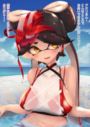 Rule 34 | + +, 1girl, alternate costume, bad id, bad pixiv id, bare shoulders, bikini, black hair, blue sky, blush, breasts, callie (splatoon), cloud, collarbone, day, earrings, female focus, hair ribbon, happy, highres, horizon, inkling, japanese text, jewelry, kashu (hizake), large breasts, long hair, looking to the side, mole, mole under eye, navel, nintendo, object on head, ocean, open mouth, outdoors, partially submerged, pointy ears, pool, red bikini, red ribbon, ribbon, see-through, shirt, sideboob, sitting, skindentation, sky, sleeveless, sleeveless shirt, smile, solo, splatoon (series), stomach, sweat, swimsuit, talking, teeth, tentacle hair, tentacles, translation request, twintails, water, wet, wet clothes, white shirt, yellow eyes