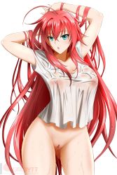 Rule 34 | 1girl, arms behind head, arms up, blue eyes, blush, bottomless, breasts, cleft of venus, collarbone, hands in hair, high school dxd, highres, kimmy77, large breasts, long hair, looking at viewer, nipples, no bra, open mouth, pubic hair, pussy, red hair, rias gremory, shirt, short sleeves, uncensored, wet, wet clothes, wet shirt, white background, white shirt