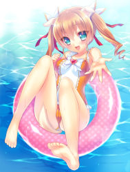 Rule 34 | 10s, 1girl, animal ears, bad id, bad pixiv id, barefoot, brown hair, casual one-piece swimsuit, dog days, dog ears, feet, green eyes, hlz, innertube, long hair, one-piece swimsuit, rebecca anderson, soles, swim ring, swimsuit, toes, twintails