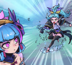 Rule 34 | 2girls, :o, attack, bare shoulders, black thighhighs, bow (weapon), breasts, crossbow, evelynn (league of legends), facial mark, green hair, league of legends, long sleeves, looking at another, medium breasts, multiple girls, official alternate costume, open mouth, phantom ix row, pink eyes, ponytail, spirit blossom evelynn, spirit blossom vayne, teeth, thighhighs, toeless legwear, upper teeth only, vayne (league of legends), weapon, whisker markings