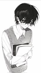 Rule 34 | 1boy, book, closed mouth, collared shirt, glasses, greyscale, highres, holding, holding book, limbus company, long sleeves, male focus, monochrome, pages, project moon, shirt, simple background, solo, sona (lnjixn), sweater vest, upper body, yi sang (project moon)