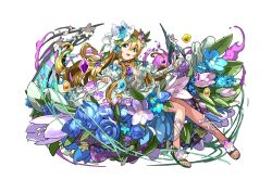 Rule 34 | absurdres, artist request, blonde hair, blue flower, breasts, dress, flower, freyja (p&amp;d), gem, green eyes, hair flower, hair ornament, highres, long hair, official art, open mouth, purple flower, puzzle &amp; dragons, sandals, sitting, solo, wings