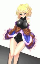 Rule 34 | 1girl, bad id, bad pixiv id, bare shoulders, blonde hair, blush, breasts, female focus, from above, green eyes, mizuhashi parsee, short hair, sitting, solo, sousakubito, tears, touhou, undressing