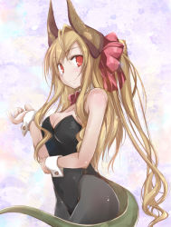 Rule 34 | 1girl, blonde hair, bow, bowtie, breasts, cleavage, detached collar, horns, large breasts, leotard, long hair, nontraditional playboy bunny, original, pantyhose, playboy bunny, ponytail, red eyes, solo, tail, wrist cuffs, yumesato makura