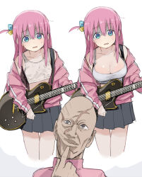 Rule 34 | 1boy, 1girl, absurdres, alternate breast size, black skirt, blue eyes, bocchi the rock!, breasts, camisole, commentary request, crying, cube hair ornament, flat chest, gotoh hitori, guitar, hair ornament, highres, instrument, jacket, large breasts, pink hair, pink jacket, sadamatsu ryuuichi, shaded face, skirt