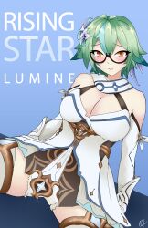 Rule 34 | 1girl, absurdres, alternate costume, bare shoulders, blue background, blush, breasts, cleavage, closed mouth, cosplay, daawnu, detached sleeves, dress, elbow gloves, flower, genshin impact, glasses, gloves, gradient background, green hair, hair between eyes, hair flower, hair ornament, highres, large breasts, looking at viewer, lumine (genshin impact), lumine (genshin impact) (cosplay), orange eyes, ribbon, self-upload, semi-rimless eyewear, short dress, short hair, signature, sitting, smile, solo, spread legs, sucrose (genshin impact), thighhighs, under-rim eyewear, white dress