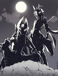 Rule 34 | 2boys, animal ears, anninoishi, armor, commentary request, cyno (genshin impact), full moon, genshin impact, glowing, glowing eyes, highres, jackal ears, looking at viewer, male focus, moon, moonlight, multiple boys, night, night sky, on roof, outdoors, shadow, shoulder armor, shoulder spikes, silhouette, simple background, single bare shoulder, sky, spikes, xiao (genshin impact)