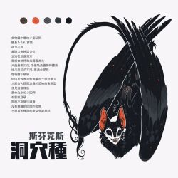 Rule 34 | animal ears, black sclera, black tail, black wings, blue pupils, cat ears, chinese text, color guide, colored sclera, commentary, english commentary, fangs, feathered wings, from above, juanmao, looking at viewer, no humans, open mouth, original, outline, sharp teeth, simple background, smile, solo, sphinx, teeth, text focus, translation request, white background, white outline, wide-eyed, wings