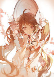 Rule 34 | 1girl, ahoge, alternate hairstyle, ambience synesthesia, animal ears, arknights, blurry, blurry foreground, bonnet, brown eyes, brown hair, cherry blossoms, commentary, dress, eyjafjalla (arknights), gloves, goat ears, goat horns, highres, horns, long hair, looking at viewer, official alternate costume, simple background, solo, twintails, upper body, white background, white dress, white gloves, white headwear, zeriko