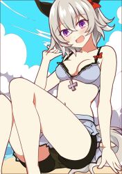 Rule 34 | 1girl, alternate costume, animal ears, beach, bike shorts, blue sky, blush, bow, breasts, cloud, cloudy sky, collarbone, commentary request, cross, curren chan (umamusume), ear bow, ear covers, grey hair, hair between eyes, hair ornament, highres, horse ears, horse girl, horse tail, looking at viewer, medium breasts, ocean, open mouth, outdoors, purple eyes, red bow, sand, short hair, sky, solo, swimsuit, tail, umamusume, wahiko (black bastard), water
