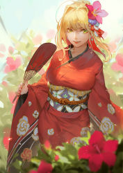 Rule 34 | 10s, 1girl, ahoge, blonde hair, blue sky, blurry, braid, breasts, day, depth of field, fate/extra, fate (series), floral print, flower, french braid, green eyes, hair flower, hair intakes, hair ornament, hand fan, holding, holding fan, japanese clothes, kimono, long hair, long sleeves, looking at viewer, medium breasts, nail polish, nero claudius (fate), nero claudius (fate) (all), nero claudius (fate/extra), obi, outdoors, paper fan, parted lips, qmo (chalsoma), red kimono, red lips, red nails, sash, sky, solo, uchiwa, wide sleeves