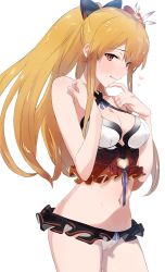 Rule 34 | 10s, 1girl, bare shoulders, bikini, blonde hair, blush, bow, breasts, cleavage, granblue fantasy, hair bow, heart, highres, long hair, looking at viewer, navel, ponytail, red eyes, ribbon trim, simple background, sketch, smile, solo, swimsuit, vira (granblue fantasy), white background, yomosaka