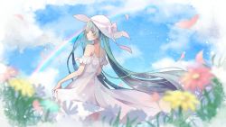 Rule 34 | 1girl, absurdly long hair, aqua eyes, aqua hair, blue flower, blurry, blurry foreground, commentary request, day, dress, flower, hat, hat ribbon, hatsune miku, hazakura chikori, highres, long hair, outdoors, petals, pink ribbon, rainbow, red flower, ribbon, skirt hold, smile, solo, sun hat, sundress, twintails, very long hair, vocaloid, white hat, wind, yellow flower