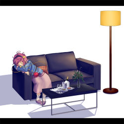 Rule 34 | 1girl, alcohol, bottle, champagne, closed eyes, couch, cup, drinking glass, eyeball, female focus, food, glass, hairband, heart, komeiji satori, lamp, letterboxed, lonely, purple hair, short hair, simple background, sleeping, solo, sukemasa, tbonjobi (sukemasa), touhou, wine glass