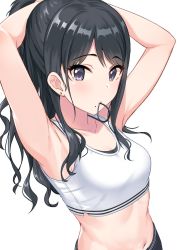 Rule 34 | 1girl, adjusting hair, armpits, arms behind head, arms up, bare arms, bare shoulders, black hair, black shorts, breasts, collarbone, crop top, earrings, grey eyes, hair tie, hair tie in mouth, idolmaster, idolmaster shiny colors, jewelry, kazano hiori, long hair, looking at viewer, midriff, mole, mole under mouth, mouth hold, navel, ponytail, shirt, shorts, sidelocks, simple background, sleeveless, sleeveless shirt, small breasts, solo, stomach, tamakaga, upper body, wavy hair, white background, white shirt