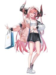 Rule 34 | 1girl, absurdres, alternate costume, antenna hair, azur lane, bag, black hairband, black panties, black skirt, blush, breasts, character name, commentary, controlline3, eyes visible through hair, full body, hair between eyes, hair on horn, hair over one eye, hairband, heart, highleg, highleg panties, highres, horns, jacket, long hair, multicolored clothes, multicolored hair, multicolored jacket, navel, open clothes, open jacket, panties, pink hair, prinz rupprecht (azur lane), purple eyes, shoes, shopping bag, simple background, skirt, small breasts, sneakers, solo, symbol-only commentary, underwear, v, very long hair, white background, white footwear