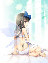 Rule 34 | 1girl, arm support, ass, back, bare arms, bare legs, bare shoulders, barefoot, bed sheet, black eyes, black hair, blue bow, bow, bra, chima q, closed mouth, fairy wings, feet, from behind, full body, hair bow, highres, indoors, panties, profile, sitting, smile, soles, solo, star sapphire, touhou, transparent wings, underwear, underwear only, white bra, white panties, window, wings, yokozuwari