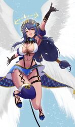 Rule 34 | 1girl, absurdres, arm up, armpits, ascot, black ascot, black gloves, blue background, blue brooch, blue flower, blue footwear, blue hair, blue skirt, blue thighhighs, breasts, cleavage, commentary request, detached sleeves, feathered wings, flower, full body, gloves, hair flower, hair ornament, halo, highres, large breasts, long hair, looking at viewer, low-tied long hair, medium bangs, miniskirt, nanashi inc., navel, open mouth, puffy detached sleeves, puffy sleeves, ryokuoushoku hitode, shimamura charlotte, shoes, showgirl skirt, single thighhigh, skirt, smile, solo, tan, thighhighs, virtual youtuber, white wings, wings, yellow eyes, yellow halo