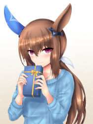 Rule 34 | 1girl, admire vega (umamusume), alternate costume, animal ears, blue sweater, blush, bow, box, brown hair, closed mouth, commentary request, ear covers, highres, holding, holding box, horse ears, horse girl, long hair, long sleeves, looking at viewer, m172/minatsu, ponytail, purple eyes, simple background, single ear cover, smile, solo, sweater, umamusume, upper body, white background, white bow