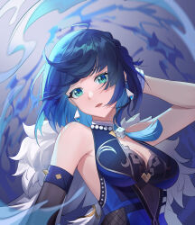 Rule 34 | 1girl, absurdres, arm up, armpit crease, armpits, backless dress, backless outfit, bead choker, blue background, blue dress, blue hair, bob cut, breasts, cleavage, dice, dress, earrings, feather-trimmed jacket, floating hair, fur-trimmed jacket, fur trim, genshin impact, gradient background, green eyes, hand in own hair, hand up, head tilt, highres, jacket, jewelry, large breasts, looking at viewer, neck tassel, open mouth, short hair, solo, tassel, tassel choker, tutuxia, upper body, yelan (genshin impact)