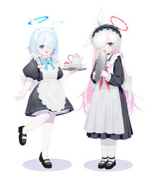 Rule 34 | 2girls, absurdres, alternate costume, apron, arona (blue archive), black dress, black eyes, black footwear, blue archive, blue eyes, blue hair, blue halo, blush, braid, closed mouth, colored inner hair, dress, enmaided, frilled apron, frills, full body, hair over one eye, halo, highres, holding, holding tray, long hair, looking at viewer, maid, maid apron, maid headdress, multicolored hair, multiple girls, oiru (fattyoils), open mouth, pantyhose, pink hair, plana (blue archive), puffy short sleeves, puffy sleeves, red halo, shoes, short hair, short sleeves, simple background, single braid, smile, socks, tray, white apron, white background, white hair, white pantyhose, white socks