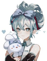 Rule 34 | 1girl, :3, :d, aqua eyes, aqua hair, aqua nails, aqua necktie, bare shoulders, black sleeves, blush stickers, bow, cinnamiku, cinnamoroll, closed mouth, commentary, crossover, detached sleeves, frilled shirt, frilled shirt collar, frills, grey shirt, hair bow, hair ornament, hatsune miku, heart, highres, holding, iwai ku tsuki, looking at another, looking at viewer, musical note, nail polish, necktie, open mouth, sanrio, shirt, simple background, smile, tied ears, triangle, updo, upper body, vocaloid, white background, wing collar